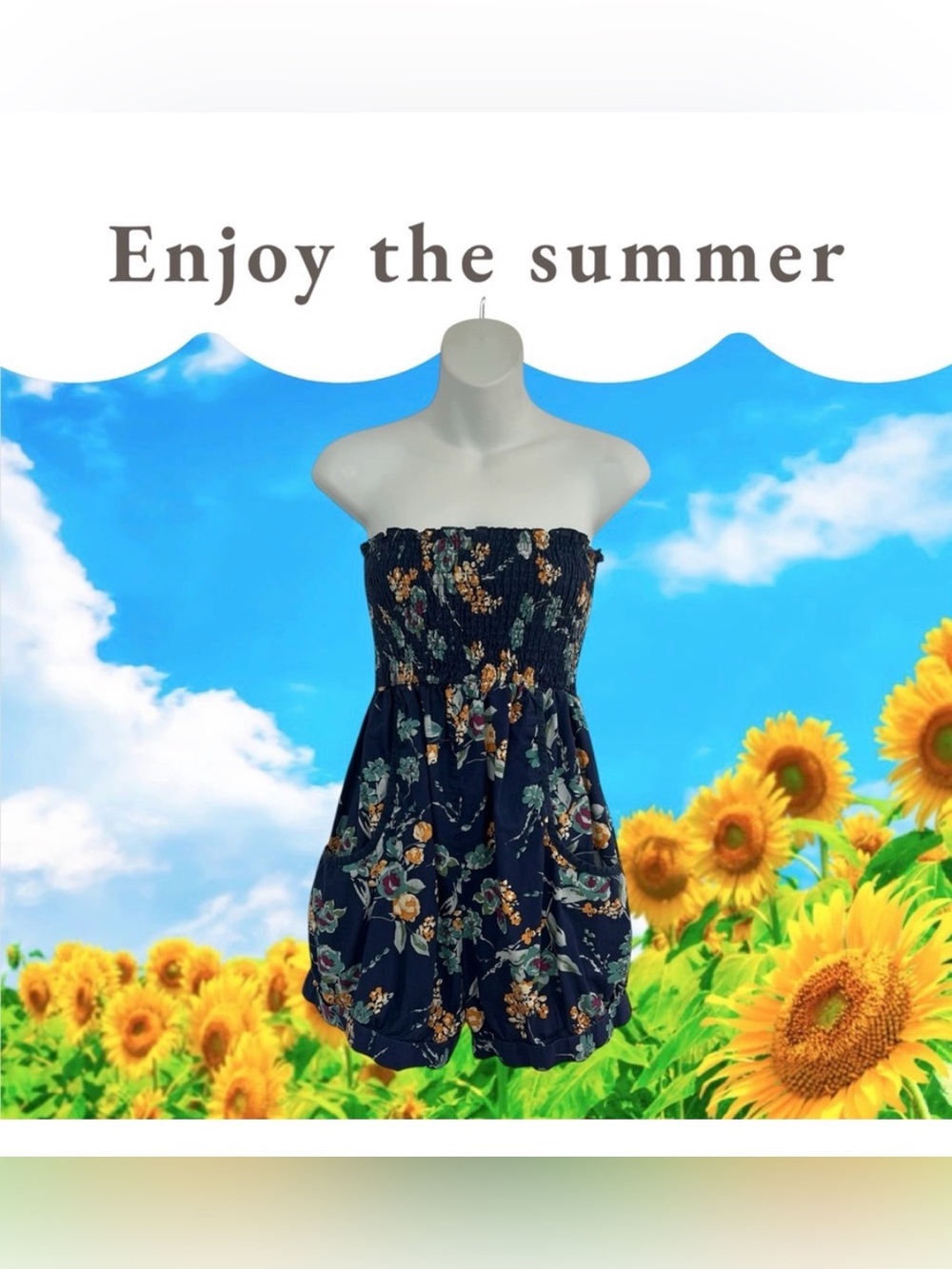 Blue Floral Strapless Romper with Pockets in Size Medium